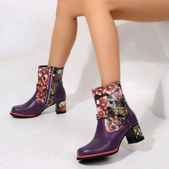 WomenFashion Western Style Printed Leather Patchwork Ankle Boots,Metal Buckle - Picture 2 of 6